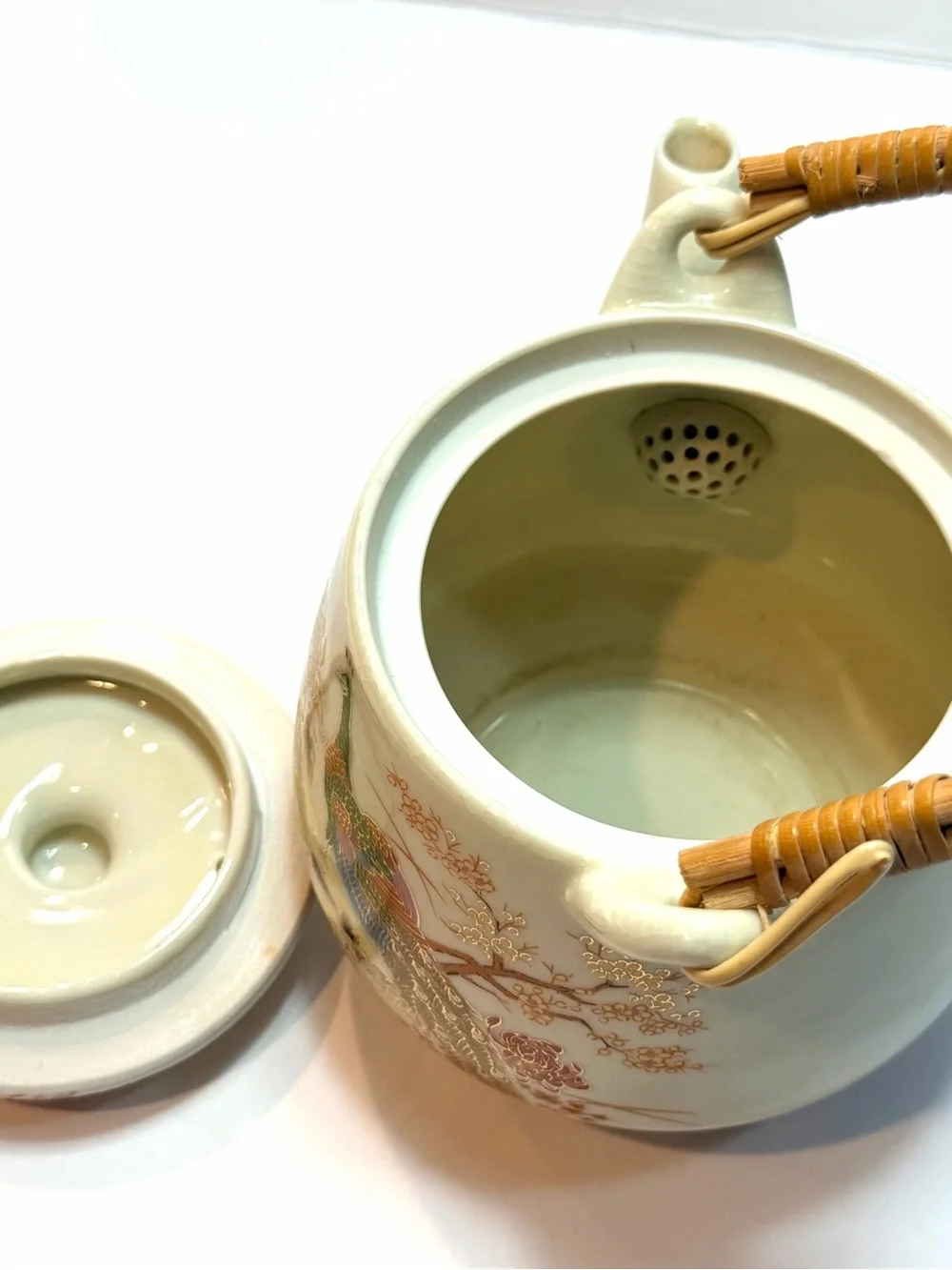 Vintage Peacock and Floral Teapot in Cream with Gold Accents